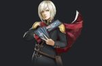  1boy absurdres ace_(fft-0) billowing_cape black_background blue_eyes cape card final_fantasy final_fantasy_type-0 highres holding holding_card looking_to_the_side male_focus nekkikamille solo uniform white_hair 