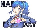  1girl blue_eyes character_request happy_birthday heart heart_hands looking_at_viewer nekkikamille open_mouth precure side_ponytail upper_body white_background 