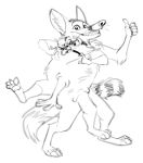  anthro canid canine conjoined duo fox gesture kobi_lacroix making_faces male mammal merging monochrome multi_arm multi_head multi_leg multi_limb multi_tail procyonid raccoon silly_face thumbs_up tongue tongue_out transformation 