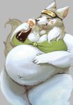  anthro belly beverage big_belly breasts canid canine clothing female fur hair hi_res holding_beverage holding_object hoshino_kedama mammal navel obese obese_anthro obese_female overweight overweight_anthro overweight_female simple_background solo teeth tongue tongue_out white_body white_fur white_hair yellow_eyes 