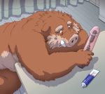  anthro belly brown_body brown_fur detailed_background fur gadoran humanoid_hands inside kemono male mammal overweight overweight_male sex_toy sitting solo suid suina sus_(pig) wild_boar 