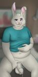  1:2 absurd_res anthro benson_(slylemur) bodily_fluids bottomless clothed clothing foreskin genital_fluids genitals hare hi_res lagomorph leporid male mammal partially_clothed penis precum rabbit slightly_chubby slylemur solo uncut 