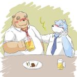  1:1 2012 alcohol anthro beer belly beverage blue_body blue_fur blush brown_body brown_fur canid canine canis clothing domestic_dog drunk duo emufu eyes_closed fur kemono male mammal overweight overweight_male shirt substance_intoxication topwear white_body white_fur 