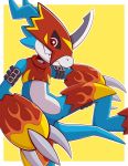  2019 anthro armor blue_body claws digimon digimon_(species) flamedramon headgear helmet hi_res horn male markings mysterious_kaos red_eyes reptile scalie sharp_teeth smile solo teeth white_body yellow_markings 
