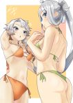  2girls ahoge akishimo_(kantai_collection) asashimo_(kantai_collection) ass asymmetrical_hair bikini breasts brown_hair commentary_request from_below gradient_hair green_bikini grey_eyes hair_ornament hair_over_one_eye highres kantai_collection leaf_hair_ornament long_hair multicolored_hair multiple_girls orange_bikini otogibanashi short_hair short_hair_with_long_locks side-tie_bikini silver_hair small_breasts swimsuit 