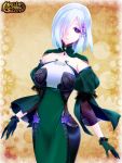  1girl bob_cut breasts copyright_name dress gloves green_dress green_gloves hair_ornament hair_over_one_eye large_breasts looking_at_viewer magia_steam mi3m purple_eyes short_hair simple_background solo standing watermark white_hair yellow_background 