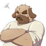  1:1 2014 anthro belly blush canid canine canis clothing domestic_dog emufu facial_hair kemono male mammal mustache overweight overweight_anthro overweight_male shirt simple_background solo topwear white_background 
