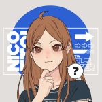  1girl :3 ? ahoge brown_eyes brown_hair diathadevil english_commentary fictional_persona hand_on_own_chin long_hair looking_at_viewer original portrait shirt solo speech_bubble spoken_question_mark 
