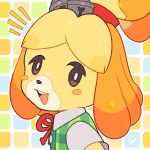  1:1 2020 :d abstract_background animal_crossing anthro bell big_ears black_nose black_sclera blonde_hair blue_background buckteeth canid canine canis close-up clothed clothing domestic_dog female floppy_ears fur green_background hair isabelle_(animal_crossing) looking_at_viewer mammal multicolored_body multicolored_fur nintendo open_mouth orange_background orange_body orange_fur orange_tongue portrait rosy_cheeks shih_tzu shirt simple_background smile solo tan_background teeth tongue topwear toy_dog video_games white_background white_body white_eyes white_fur yasaikakiage yellow_body yellow_fur 