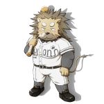  1:1 2013 anthro baseball_(sport) baseball_bat baseball_uniform bat_(object) blush bottomwear brown_body brown_fur clothing emufu felid fur humanoid_hands kemono lion male mammal overweight overweight_anthro overweight_male pantherine pants simple_background solo sport sportswear uniform white_background 