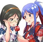  2girls alternate_costume bangs black_eyes black_hair blue_hair blush candy_apple eyebrows_visible_through_hair floral_print food glasses green-framed_eyewear hairband holding japanese_clothes kantai_collection kimono kirishima_(kantai_collection) long_hair multiple_girls open_mouth ponytail red_hair short_hair sidelocks simple_background south_dakota_(kantai_collection) star_(symbol) sweat tongue tongue_out tsukemon upper_body white_background white_hair yukata 