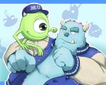  2013 5:4 blue_body blue_fur clothing cute_fangs disney emufu fur green_body hat headgear headwear humanoid_hands kemono mike_wazowski monster monsters_inc monsters_university pixar sulley waddling_head 