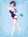  barefoot black_hair blue_background bracelet breasts brown_hair cleavage covered_navel dairoku_youhei flag full_body hair_ornament holding holding_flag holding_shoes jewelry looking_at_viewer mi3m no_pupils one-piece_swimsuit purple_eyes shoes shoes_removed short_hair simple_background standing swimsuit thigh_strap twisted_torso 