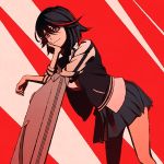  1girl bent_over black_hair blue_eyes blue_skirt case hand_on_own_cheek kill_la_kill looking_at_viewer matoi_ryuuko moshimoshibe short_hair skirt solo 