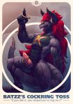  2020 abs anthro claws demon_lord_dragon_batzz dragon english_text erection future_card_buddyfight genitals hair hi_res male muscular muscular_anthro muscular_male pecs penis red_eyes red_hair reptile scalie solo text thesecretcave 