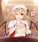  1girl ;) bangs blonde_hair blurry blurry_background bra bra_lift breasts collarbone commentary_request crystal finger_to_mouth flandre_scarlet frilled_shirt_collar frills hair_between_eyes hat heart index_finger_raised looking_at_viewer miyo_(ranthath) mob_cap nipples one_eye_closed open_clothes open_shirt open_vest oppai_challenge parted_lips pink_bra puffy_short_sleeves puffy_sleeves red_eyes red_vest shirt short_hair short_sidetail short_sleeves shushing small_breasts smile solo spoken_heart sweatdrop touhou underwear upper_body vest white_shirt wings wrist_cuffs 