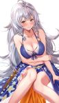  1girl ahoge bangs bare_shoulders bikini blush braid breasts cleavage collarbone granblue_fantasy hair_between_eyes highres large_breasts long_hair looking_at_viewer navel revision sarong sg_(satoumogumogu) silva_(granblue_fantasy) silver_hair sitting solo swimsuit thighs twin_braids very_long_hair yellow_eyes 