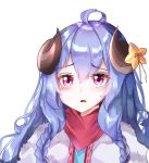  1girl absurdres ahoge alternate_costume alternate_eye_color alternate_hair_color alternate_hairstyle bangs blue_hair blush curled_horns eyebrows_visible_through_hair flower fur hair_between_eyes hair_flower hair_ornament highres horns japanese_clothes kindred lamb_(league_of_legends) league_of_legends long_hair looking_at_viewer open_eyes open_mouth pink_eyes purple_hair qkrdydwn1313 ribbon simple_background spirit_blossom_kindred tearing_up tears twintails white_fur 