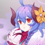  1girl ahoge alternate_costume alternate_eye_color alternate_hair_color alternate_hairstyle bangs blue_hair curled_horns eyebrows_visible_through_hair fingerless_gloves flower freakyjay fur gloves hair_between_eyes hair_flower hair_ornament horns japanese_clothes kindred lamb_(league_of_legends) league_of_legends long_hair mask mask_removed open_eyes open_mouth parted_lips partly_fingerless_gloves purple_hair red_eyes shiny shiny_hair solo spirit_blossom_kindred twintails white_fur 