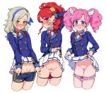  3girls aikatsu! aikatsu!_(series) amahane_madoka blonde_hair blue_eyes blush censored embarrassed flower hair_flower hair_ornament hairband kurebayashi_juri kurosawa_rin_(aikatsu!) lifted_by_self long_hair looking_at_viewer multiple_girls open_mouth orange_eyes pink_hair ponytail pubic_hair purple_eyes pussy red_hair ribbon school_uniform skirt starlight_academy_uniform sweatdrop twintails white_background wing_hair_ornament yoban 