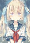  1girl bangs blonde_hair blue_eyes blue_ribbon blue_sailor_collar closed_eyes collarbone commentary_request crying crying_with_eyes_open eyebrows_visible_through_hair hair_ribbon long_hair looking_at_viewer neckerchief original rain red_neckwear ribbon sailor_collar school_uniform serafuku short_sleeves solo standing tears twintails upper_body v_arms wavy_mouth wet wet_clothes yamadori_yoshitomo 