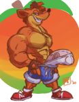  2020 abs absurd_res activision anthro bandicoot big_penis bottomwear bulge clothed clothing crash_bandicoot crash_bandicoot_(series) digital_media_(artwork) drawstring erection eyebrows fingerless_gloves footwear fur genitals gloves green_eyes grin hair half-closed_eyes handwear hi_res looking_at_viewer male mammal marsupial maxpany multicolored_body multicolored_fur muscular muscular_anthro muscular_male narrowed_eyes open_mouth orange_body orange_fur penis red_hair shoes shorts simple_background smile solo stretched_clothing teeth thick_eyebrows topless two_tone_body two_tone_fur underwear vein veiny_penis video_games wumpa_fruit 