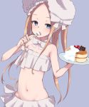  1girl abigail_williams_(fate/grand_order) abigail_williams_(swimsuit_foreigner)_(fate) bangs bare_shoulders bikini blonde_hair blue_eyes blush bonnet bow breasts eating fate/grand_order fate_(series) food forehead fork hair_bow long_hair looking_at_viewer meta-tron miniskirt navel open_mouth pancake parted_bangs plate sidelocks skirt small_breasts swimsuit twintails very_long_hair white_bikini white_bow white_headwear 