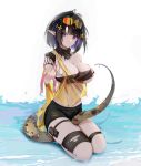 1girl absurdres arknights bangs bare_shoulders between_legs bike_shorts black_hair black_shorts blunt_bangs blush breasts cleavage closed_mouth collarbone crocodilian_tail eunectes_(arknights) eyewear_on_head full_body hand_on_own_chest highres holding large_breasts looking_at_viewer multicolored_hair nail_polish navel nose_blush omone_hokoma_agm orange-tinted_eyewear pointy_ears purple_hair scales see-through seiza short_hair short_shorts shorts signature simple_background sitting solo strapless sunglasses tail tail_between_legs thigh_pouch thigh_strap torn_clothes two-tone_hair underboob water white_background yellow_nails 