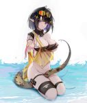  1girl absurdres arknights bangs bare_shoulders between_legs black_hair blunt_bangs blush bottomless breasts cleavage closed_mouth collarbone crocodilian_tail eunectes_(arknights) eyewear_on_head full_body groin hand_on_own_chest highres holding large_breasts looking_at_viewer multicolored_hair nail_polish navel nose_blush omone_hokoma_agm orange-tinted_eyewear pointy_ears purple_hair scales see-through seiza short_hair signature simple_background sitting solo strapless sunglasses tail tail_between_legs thigh_pouch thigh_strap torn_clothes two-tone_hair underboob water white_background yellow_nails 