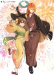  1boy 1girl alternate_costume brother_and_sister brown_eyes brown_hair candy_apple closed_mouth crossed_arms delthea_(fire_emblem) fire_emblem fire_emblem_echoes:_shadows_of_valentia fireworks food haru_(nakajou-28) highres holding japanese_clothes kimono long_hair long_sleeves luthier_(fire_emblem) obi open_mouth orange_hair ponytail sash siblings simple_background twitter_username white_background wide_sleeves 