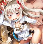  1boy 1girl azur_lane breasts cleavage clothed_sex commentary_request crown doggystyle from_behind highres long_hair pussy_juice red_eyes sex sex_from_behind solo_focus sweat takashia_(akimototakashia) thighhighs valiant_(azur_lane) 