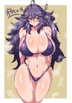  1girl @_@ ahoge arms_behind_back bikini blush breasts curvy embarrassed headband hex_maniac_(pokemon) highres huge_breasts long_hair namae_ga_kimaranai_man pokemon pokemon_(game) pokemon_bw2 purple_bikini purple_hair purple_headband shiny shiny_skin steam sweat swimsuit 