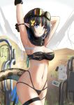  1girl arknights arm_strap armpits arms_up bandeau bangs black_gloves black_hair black_panties blue_eyes breasts chinese_commentary cleavage commentary_request cowboy_shot eunectes_(arknights) eyebrows_visible_through_hair gloves goggles goggles_on_head highres looking_at_viewer medium_breasts midriff navel nyanko960121 panties parted_lips partial_commentary pointy_ears short_hair snake_tail solo standing stomach strapless tail thigh_strap thighs tubetop underwear 
