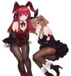  2girls animal_ears blonde_hair blush boots bunny_ears card card_in_mouth carpet dress_shirt fishnet_legwear fishnets hair_ornament high_heel_boots high_heels highres ikeuchi_tanuma jacket jacket_on_shoulders long_hair looking_at_viewer mouth_hold multiple_girls original playing_card purple_eyes red_eyes red_hair shirt sign sitting white_background 