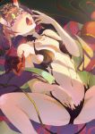  absurdres bob_cut fate/grand_order fate_(series) halterneck highres horns huge_filesize japanese_clothes kimono looking_at_viewer lying mask navel on_back oni_horns open_clothes open_kimono pale_skin pillow purple_hair red_eyes revealing_clothes rope saliva saliva_trail short_hair shuten_douji_(fate/grand_order) skyqaq spread_legs tongue tongue_out 