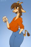  2020 4_toes anthro brown_hair clothed clothing digital_media_(artwork) female giraffe giraffid hair hi_res holding_cup holding_object mammal solo standing toes zazush-una 
