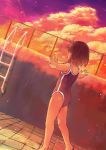  1girl absurdres barefoot black_hair cloud dutch_angle fence from_behind highres ladder max07817 one-piece_swimsuit original outstretched_arms pool short_hair solo standing summer sunset swimsuit 