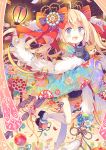  1girl :d ahoge animal bangs blonde_hair bow commentary_request dog eyebrows_visible_through_hair hair_bow holding holding_animal holding_dog japanese_clothes kimono lantern long_hair open_mouth original purple_eyes red_bow smile solo thighhighs twintails white_legwear yamadori_yoshitomo 