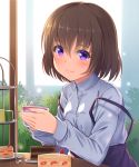  1girl alternative_girls asahina_nono backlighting bangs blush brown_hair cake cake_slice closed_mouth commentary_request cup eyebrows_visible_through_hair food grey_shirt highres holding holding_cup kageira long_sleeves looking_at_viewer purple_eyes purple_skirt shirt short_hair skirt smile solo suspender_skirt suspenders suspenders_slip tareme teacup tiered_tray upper_body 