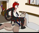  absurd_res anal andy_(gearfox98) anthro bdsm bed bedroom bell canid canine canis dave_(gearfox98) domestic_dog door eyebrows felid fox furniture gag gagged gearfox98 genitals group harness hi_res leash leash_pull male male/male mammal original_characters pantherine penis sex shelf spy tail_bell text thick_eyebrows thick_penis tiger url 