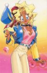  1990s_(style) 1girl blonde_hair blue_eyes breasts choker cleavage cowboy_shot cube dark_skin earrings hair_ribbon jacket jewelry kuramitsu_mihoshi long_sleeves looking_at_viewer off_shoulder official_art pink_shirt pointy_ears ribbon ryou-ouki shirt shirt_tucked_in solo stud_earrings tank_top tenchi_muyou! 