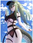  1girl absurdres antenna_hair arknights arm_strap bare_shoulders bikini black_bikini breasts cloud covered_nipples cowboy_shot crocodilian_tail cup drinking_glass gavial_(arknights) green_hair grin hand_up highres holding large_breasts long_hair looking_at_viewer multiple_straps navel pointy_ears ponta_(velmar) ponytail sidelocks skindentation sky smile solo stomach swimsuit taut_bikini taut_clothes thigh_strap thighs turtleneck underboob v-shaped_eyebrows visor_cap yellow_eyes 