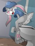  absurd_res anthro bathroom butt clothing devious fan_character feet genitals hat headgear headwear hi_res itomic lagomorph leporid male mammal open_mouth original_creation paws penis public_restroom rabbit restroom_stall solo toilet toilet_bowl wiggle 