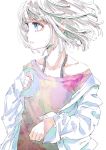  1girl blue_eyes collarbone commentary grey_hair highres idolmaster idolmaster_shiny_colors jacket long_sleeves looking_away looking_to_the_side open_clothes open_jacket purple_shirt serizawa_asahi shirt short_hair sketch solo upper_body white_background white_jacket wind yae_(mono110) 