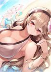  1girl bikini black_hairband breasts cleavage closed_mouth corrin_(fire_emblem) corrin_(fire_emblem)_(female) fire_emblem fire_emblem_fates fire_emblem_heroes flower hair_flower hair_ornament hairband highres large_breasts long_hair nakabayashi_zun pointy_ears red_eyes smile solo swimsuit upper_body white_hair wreath 