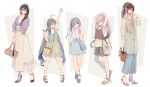  5girls ahoge alternate_costume arm_up arms_up asashimo_(kantai_collection) ashigara_(kantai_collection) bag bangs black_hair brown_hair casual colis cup disposable_cup drinking drinking_straw earrings full_body glasses grey_hair hair_between_eyes hair_over_one_eye hair_ribbon hairband handbag high_heels holding jewelry kantai_collection kasumi_(kantai_collection) kiyoshimo_(kantai_collection) long_hair long_skirt multiple_girls ooyodo_(kantai_collection) open_mouth ponytail ribbon shorts shoulder_bag side_ponytail silver_hair skirt smile standing twitter_username two-tone_background 