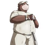  1:1 2014 anthro baseball_(sport) baseball_bat baseball_glove baseball_uniform bat_(object) belly bottomwear brown_body brown_fur clothing emufu fur hat headgear headwear kemono male mammal overweight overweight_anthro overweight_male pants shirt solo sport sportswear topwear uniform ursid 