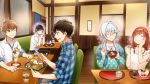  2girls 3boys black_hair blue_shirt bowl braid brown_hair candy chair chopsticks closed_eyes cup eating food fork glasses hair_over_one_eye hand_on_own_cheek hand_up highres holding holding_fork holding_knife indoors knife long_hair long_sleeves male_focus maruyama_hari multiple_boys multiple_girls one_eye_closed parfait plaid plaid_shirt polka_dot rakkami! red_hair restaurant shirt sitting smile sweatdrop sweets table tea tray water white_hair white_shirt 