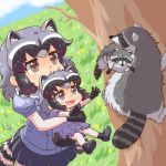  2girls :d animal animal_ear_fluff animal_ears black_gloves black_hair black_skirt blue_dress blue_shirt brown_eyes carrying child commentary_request common_raccoon_(kemono_friends) creature_and_personification dress dual_persona extra_ears eyebrows_visible_through_hair fang gloves grass grey_hair kemono_friends multicolored_hair multiple_girls open_mouth puffy_short_sleeves puffy_sleeves raccoon raccoon_ears raccoon_girl raccoon_tail shirt short_hair short_sleeves skirt smile striped_tail tail tree umikazenet3 younger 