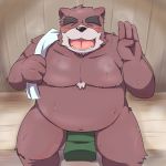  1:1 2014 anthro belly blush emufu humanoid_hands kemono male mammal moobs nipples overweight overweight_anthro overweight_male sitting solo towel ursid 